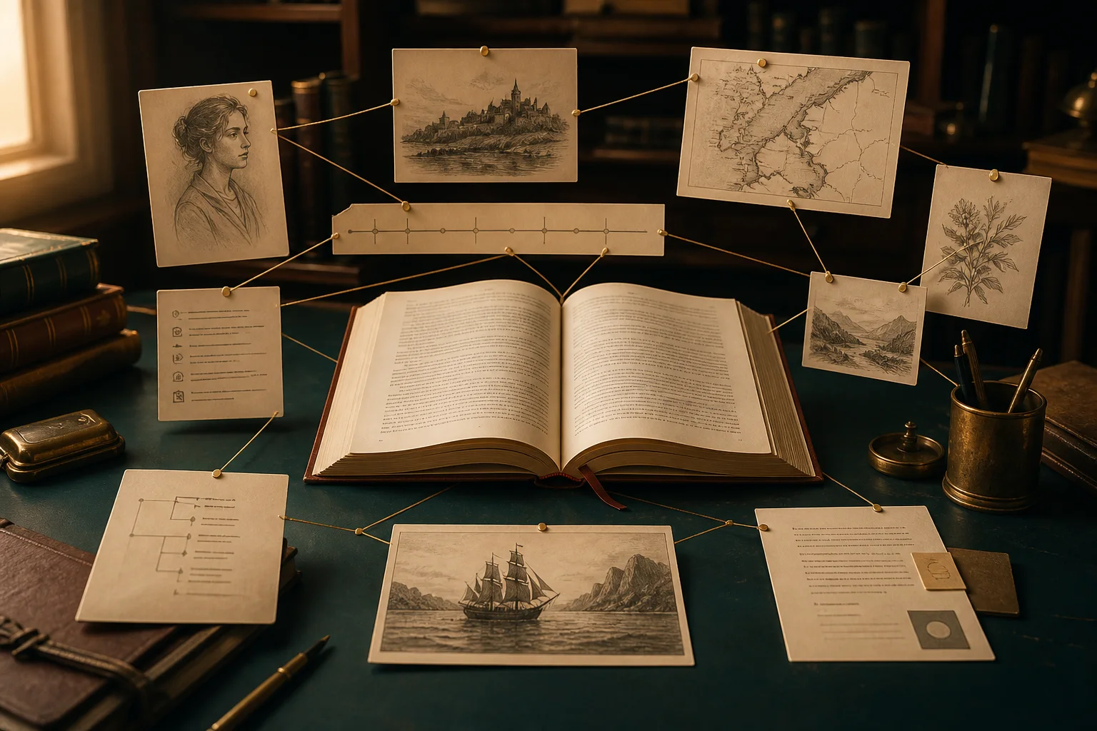 Illustration of a book connected to its supporting creative references