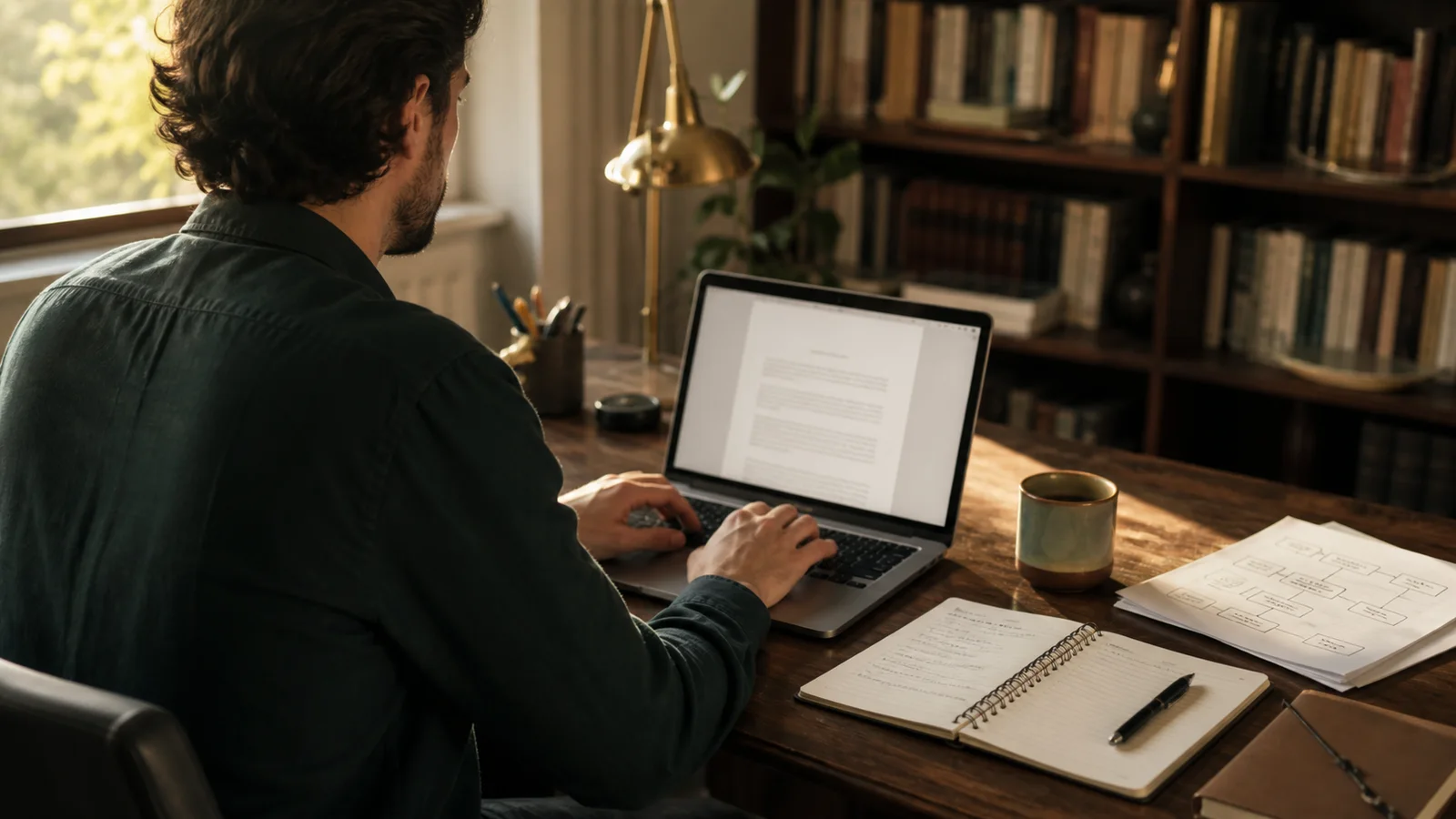 Illustration of an author working with a manuscript in a writing studio